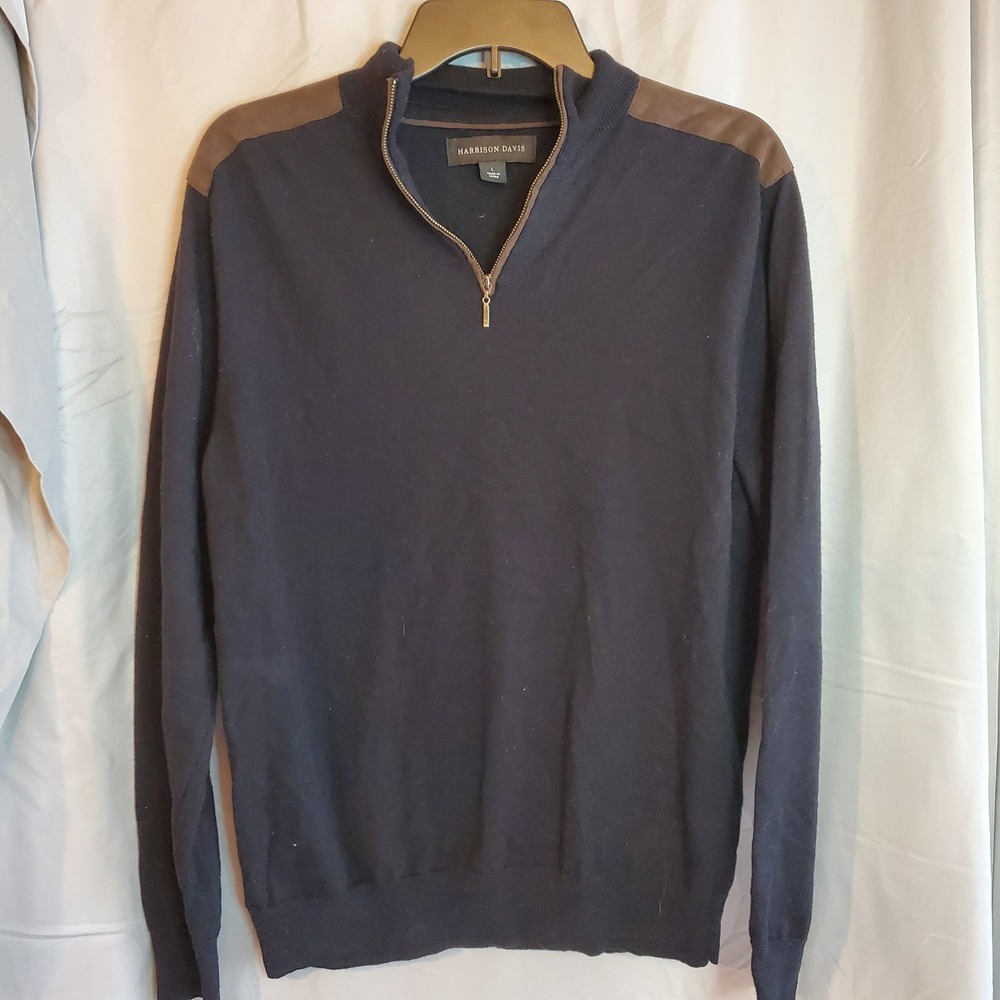 Harrison‎ Davis Mens Quarter Zip Blue Wool Blend Sweater Large